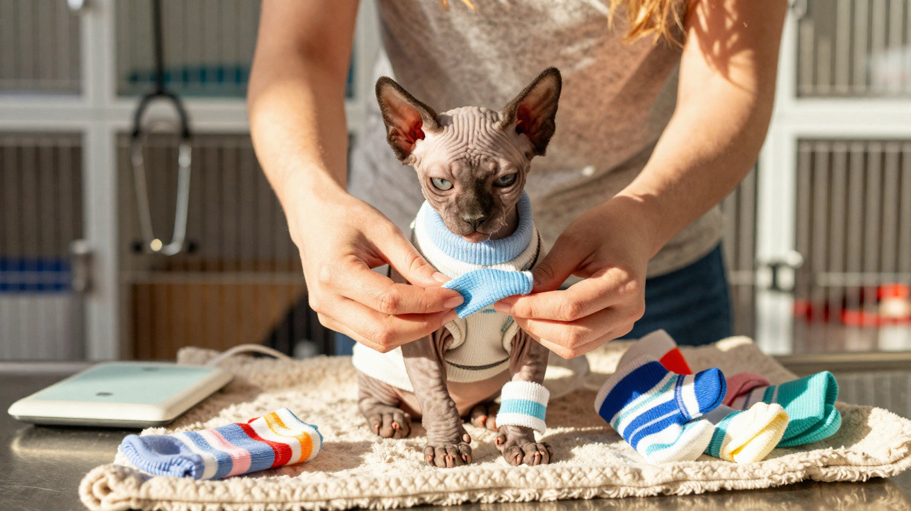 Person zieht einer Sphynx-Katze bunte Socken und einen Pullover an, im Hintergrund Tierklinik.