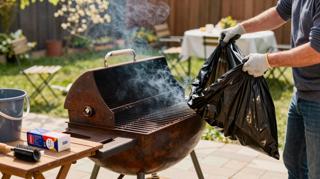 Person entsorgt schwarzen Müllsack neben rauchendem Grill im Garten bei sonnigem Wetter.
