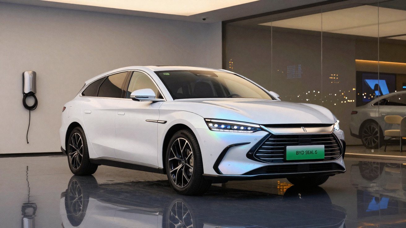 Weisses BYD Seal 6 Elektroauto vor Ladestation in modernem, hellem Showroom.
