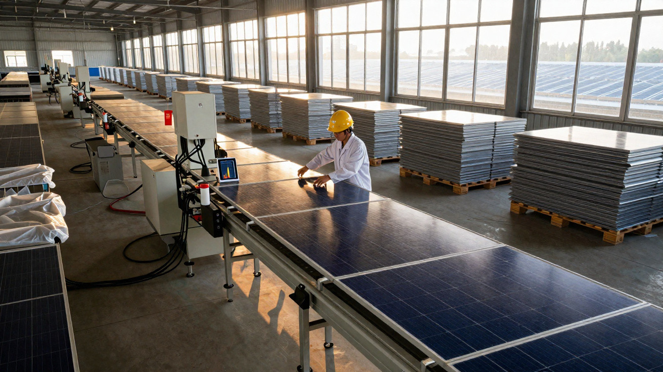 Mitarbeiter mit Helm prüft Solarmodule auf Förderband in einer grossen, lichtdurchfluteten Fabrikhalle.