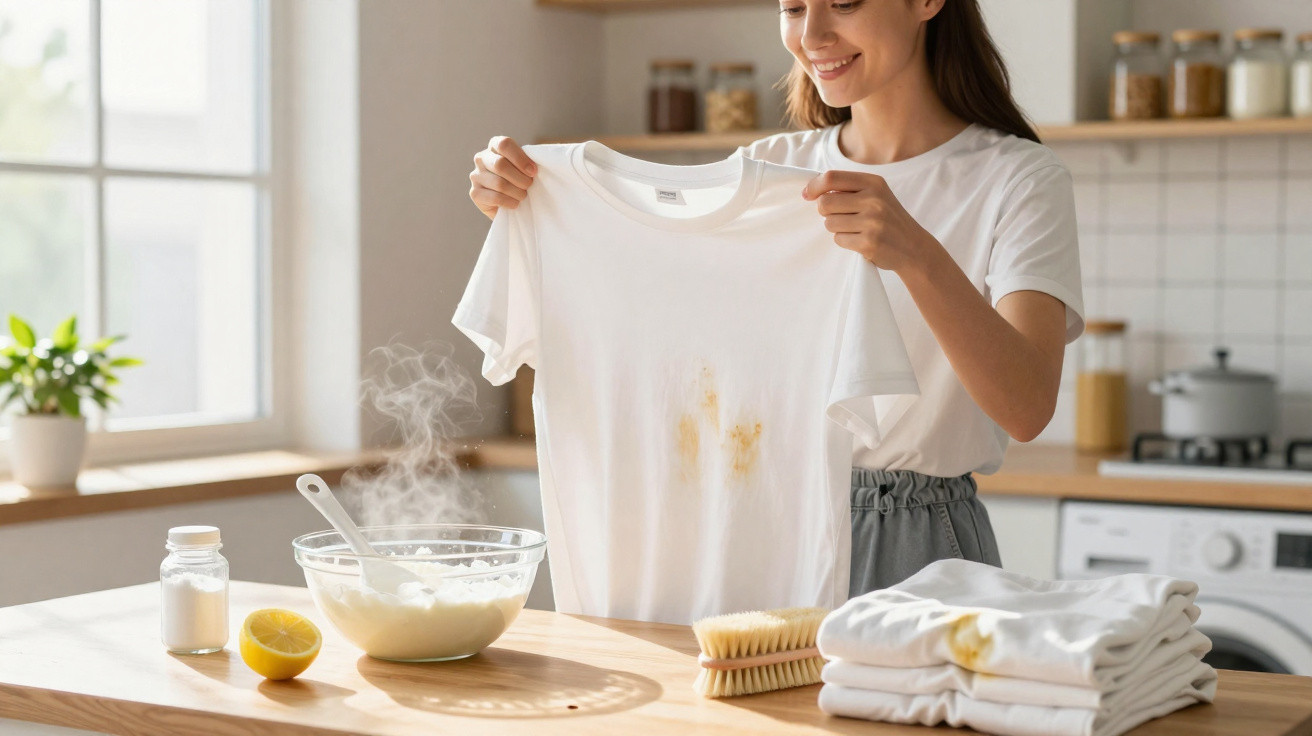 Frau hält weisses T-Shirt mit Flecken, neben Küchenutensilien und frisch gewaschener Wäsche auf Holztisch.