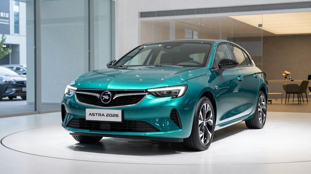 Grüner Opel Astra 2026, präsentiert auf einer runden Ausstellungspodium in modernem Showroom.