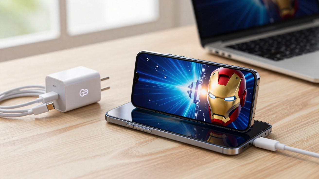 Smartphone liegt quer auf einem zweiten Smartphone, beide auf Holztisch mit Ladegerät und Laptop im Hintergrund.