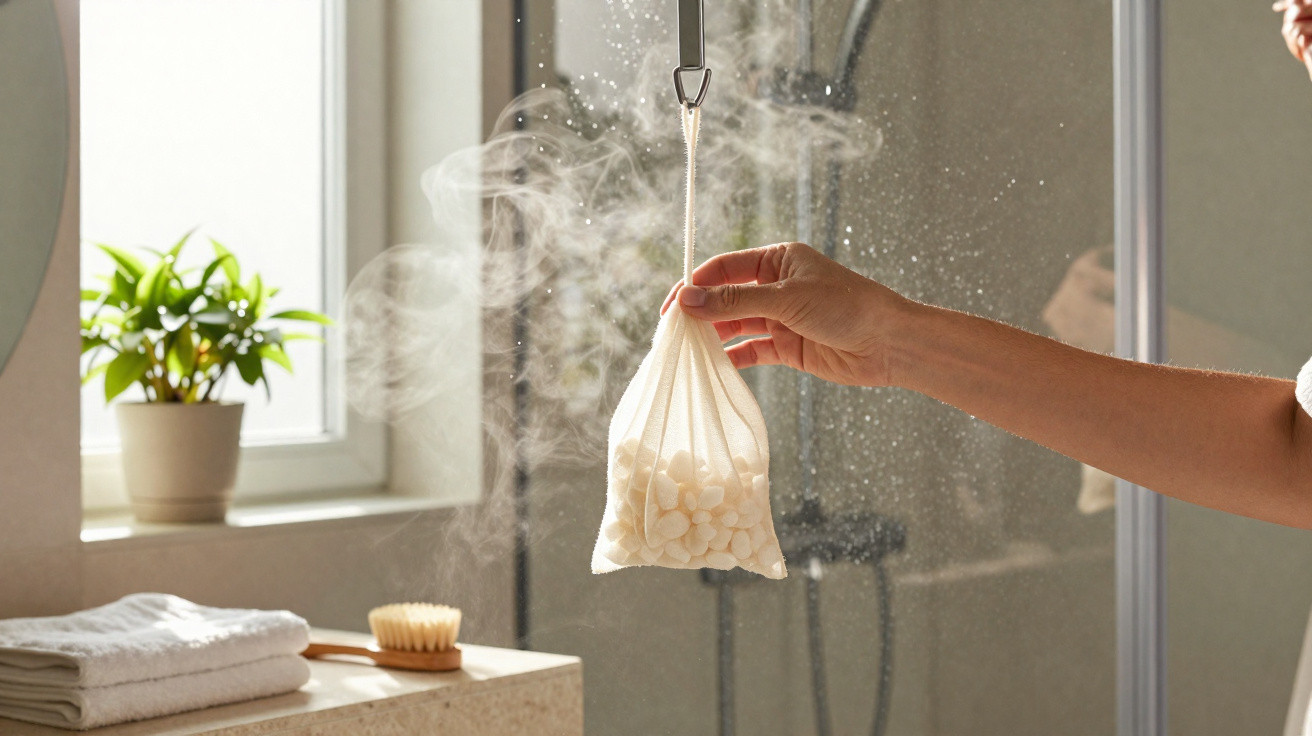 Hand hält dampfendes Stoffsäckchen mit Tabs in hellem Badezimmer mit Pflanzen und Handtüchern.