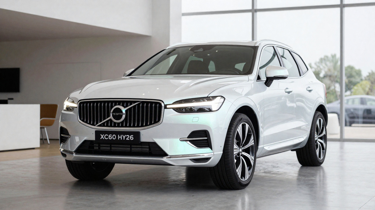 Weisser Volvo XC60 SUV in modernem Showroom mit grosser Fensterfront im Hintergrund.