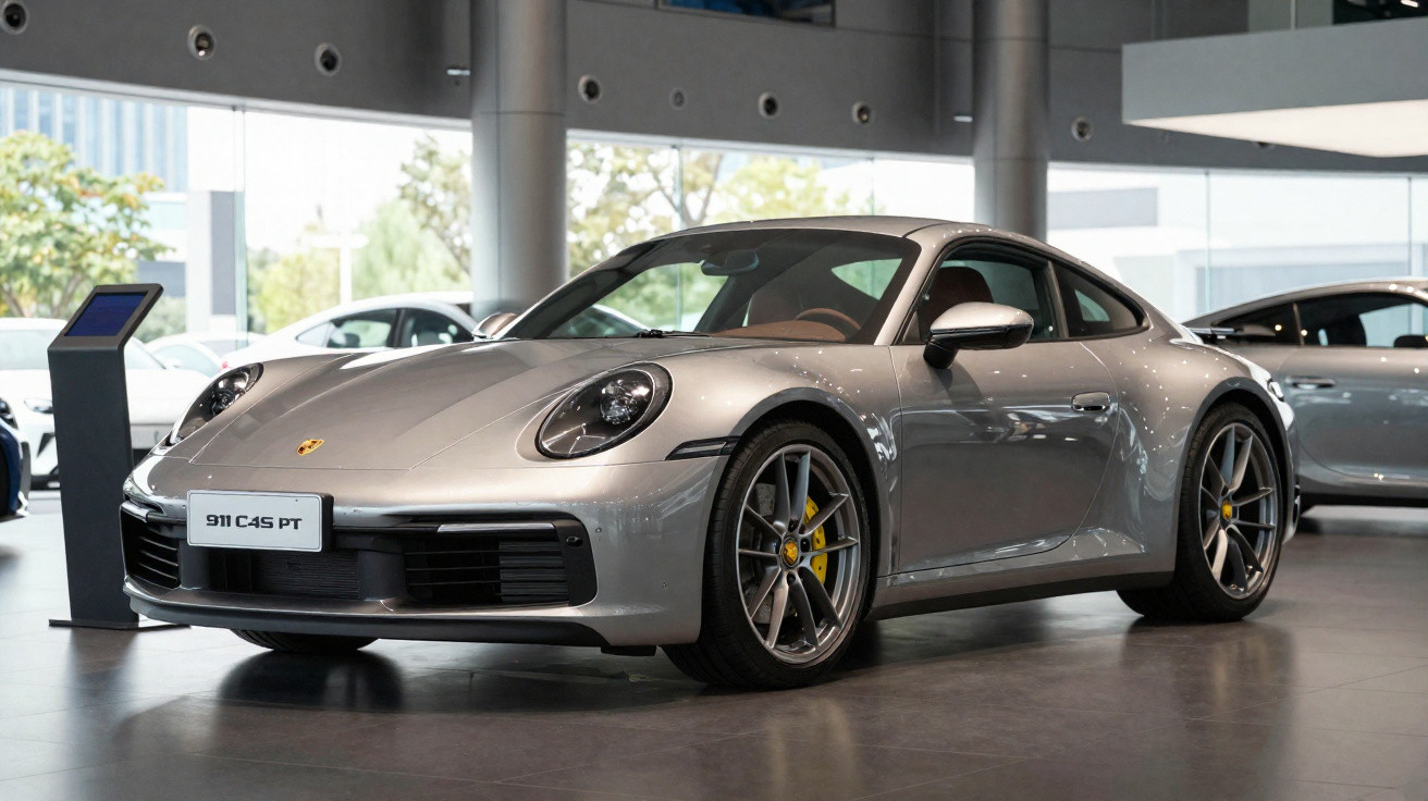 Silberner Porsche 911 C4S PT Sportwagen im Autohaus, moderne Architektur im Hintergrund.