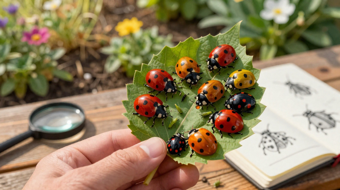 Hand hält grünes Blatt mit zehn mehrfarbigen Marienkäfern, Lupe und Skizzenbuch im Hintergrund.