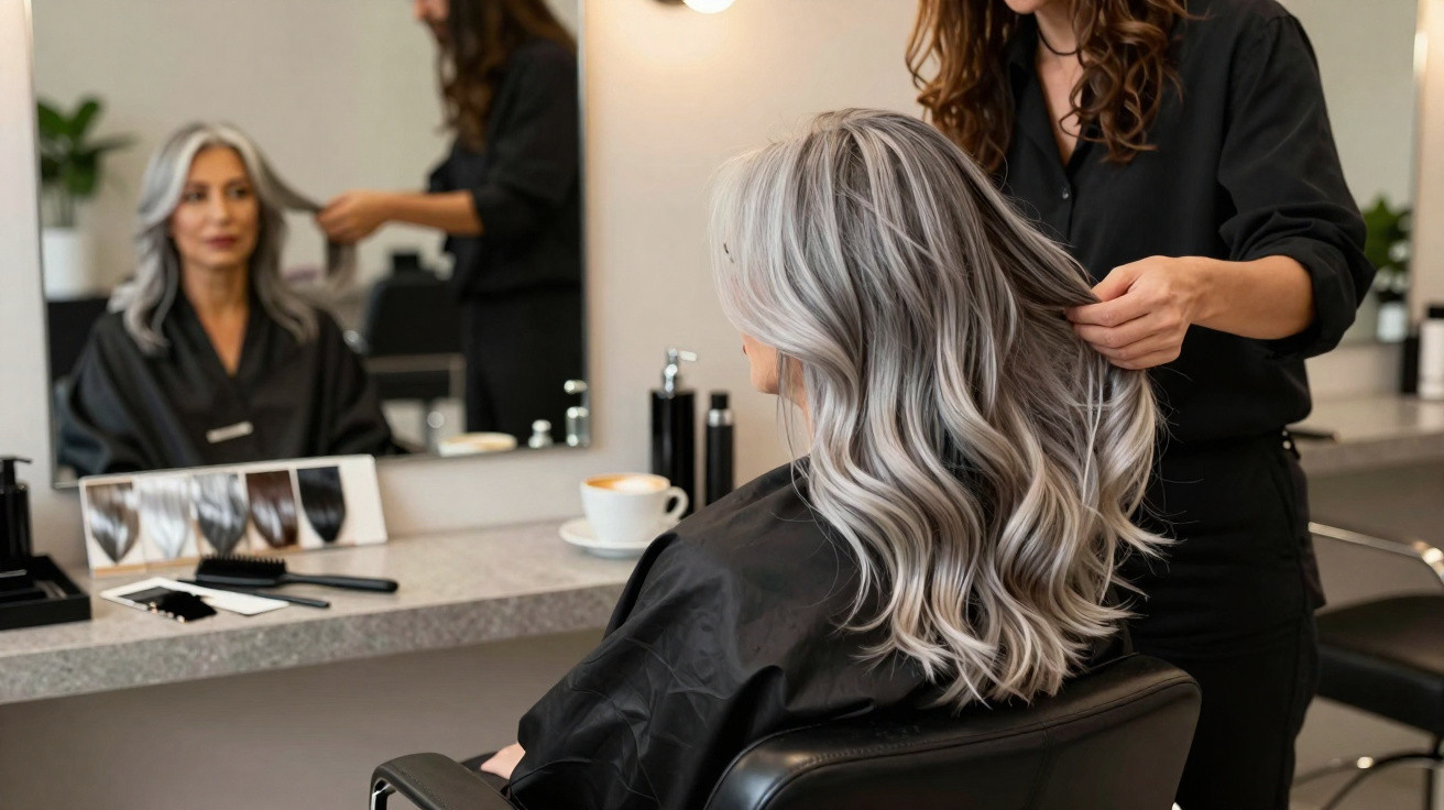 Frau mit grauen Haaren sitzt im Friseursalon, Stylistin kämmt ihr Haar vor Spiegel mit Farbkarten.