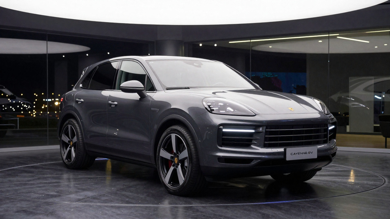 Grau-metallic Porsche Cayenne EV SUV auf Drehplattform in modernem Showroom bei Nacht.