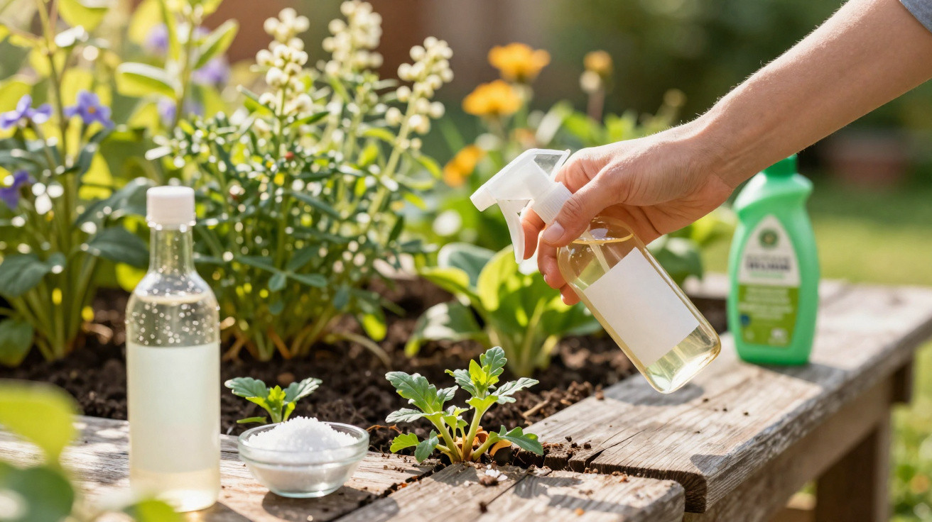 Hand sprüht Pflanzen in einem Hochbeet mit natürlichem Pflanzenschutzmittel im Garten.