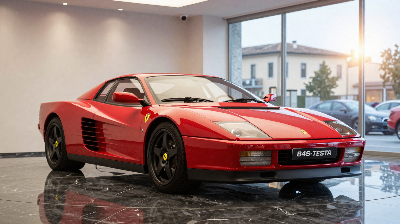 Roter Ferrari 348 mit schwarzen Felgen steht in einem modernen Showroom mit Glasfenstern und Sonnenlicht.