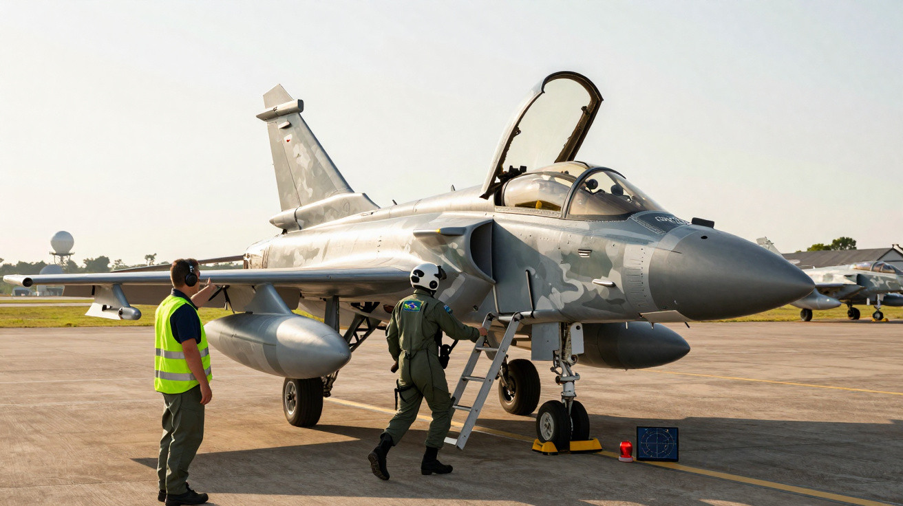 Kampfjet am Boden mit geöffnetem Cockpit, Pilot in Fluganzug steigt ein, Techniker mit Schutzweste daneben.