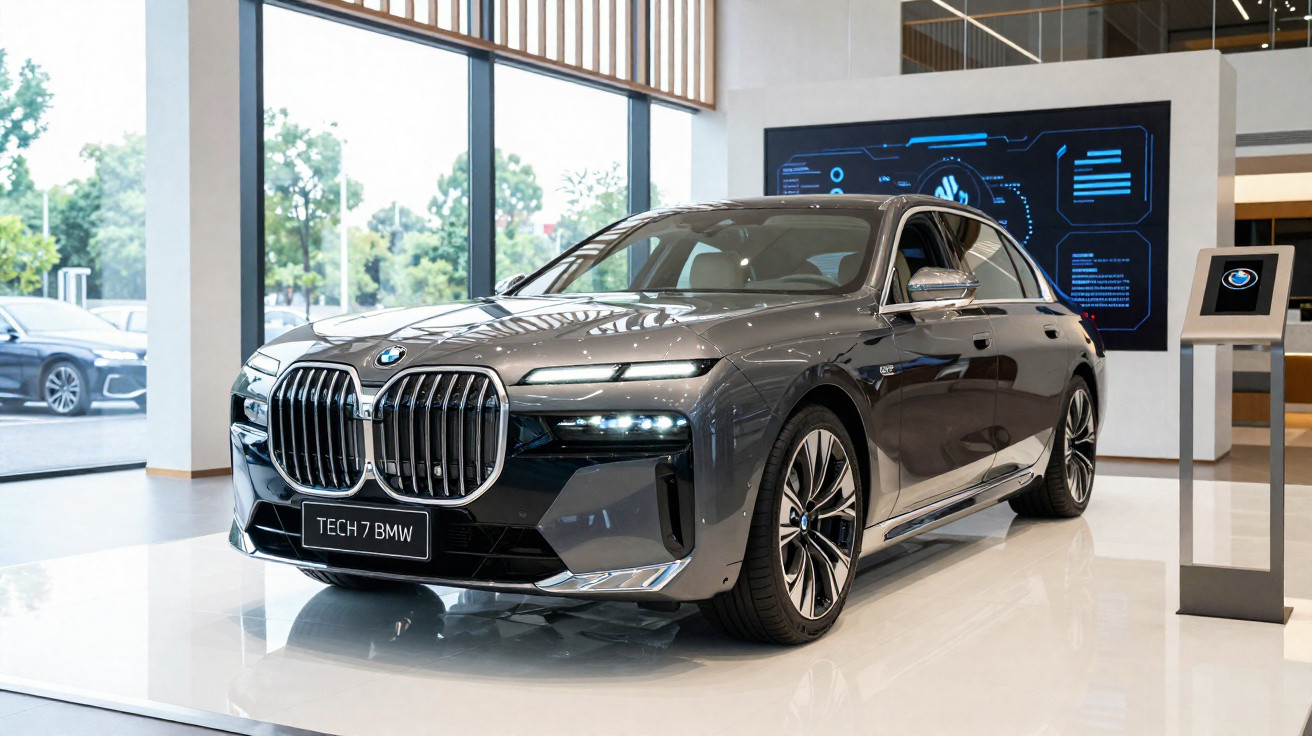 Grauer BMW Tech 7 in Ausstellungsraum mit grossen Fenstern und digitaler Informationsanzeige im Hintergrund.