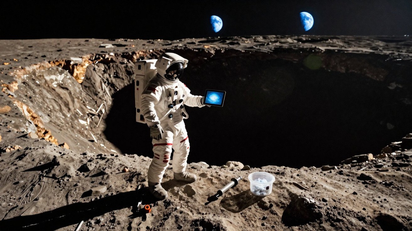 Astronaut auf Mondkrater mit Tablet, Erde und Mond am Himmel im Hintergrund.