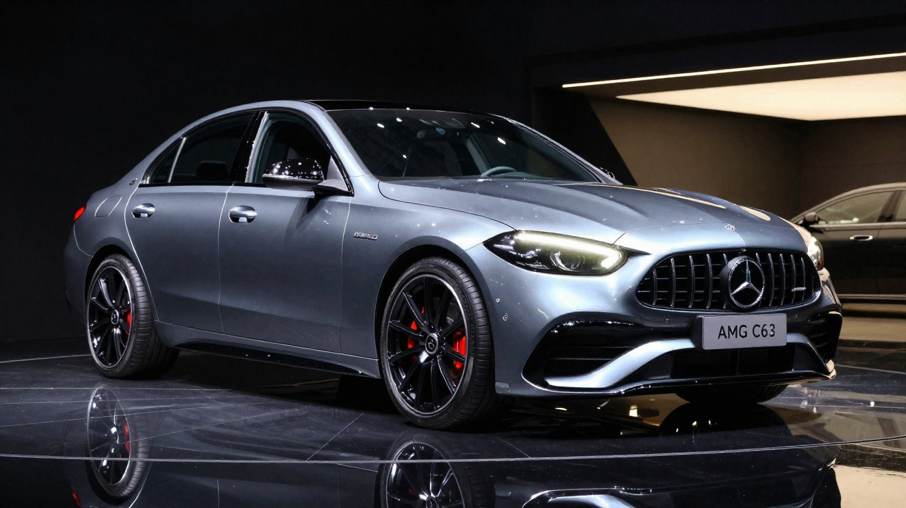 Silberner Mercedes AMG C63 vor schwarzem Hintergrund mit glänzendem Boden und beleuchtetem Frontscheinwerfer.