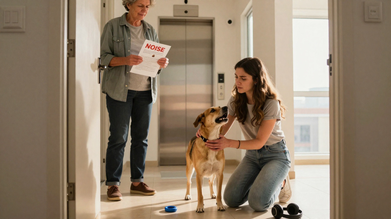 Ältere Frau mit Lärmbeschwerdezettel spricht mit jüngerer Frau, die Hund in einem Wohnungskorridor streichelt.
