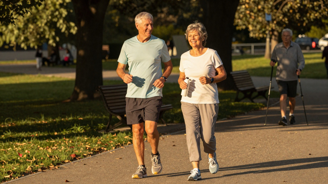 Älteres Paar joggt gemeinsam auf einem Parkweg, im Hintergrund Person mit Nordic-Walking-Stöcken.