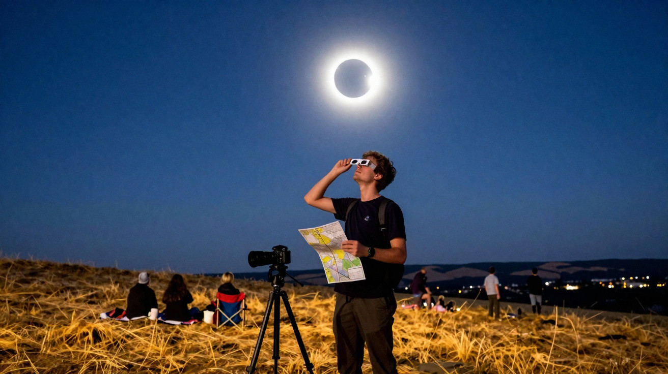 Person mit Schutzbrille beobachtet die totale Sonnenfinsternis in einer trockenen Landschaft mit Kamera und Karte.