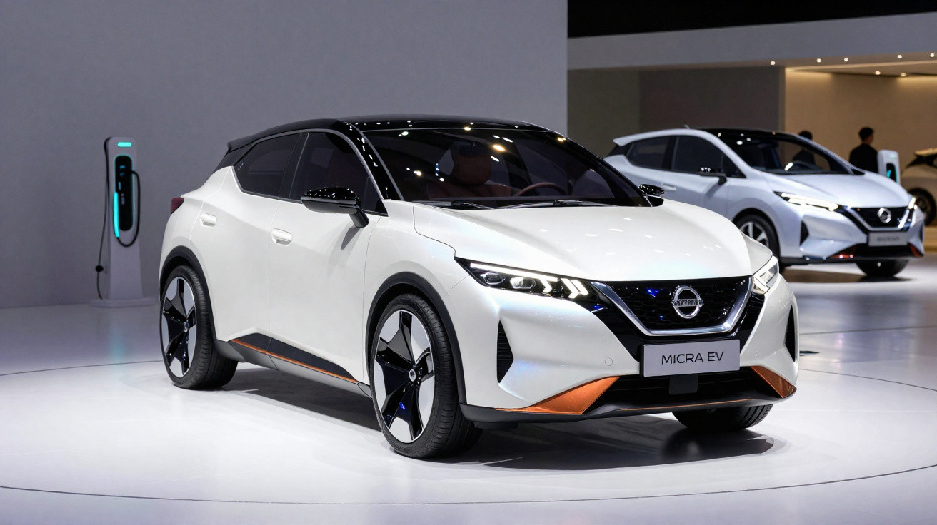 Weisser Nissan Micra EV auf Messe mit Elektro-Ladestation im Hintergrund.