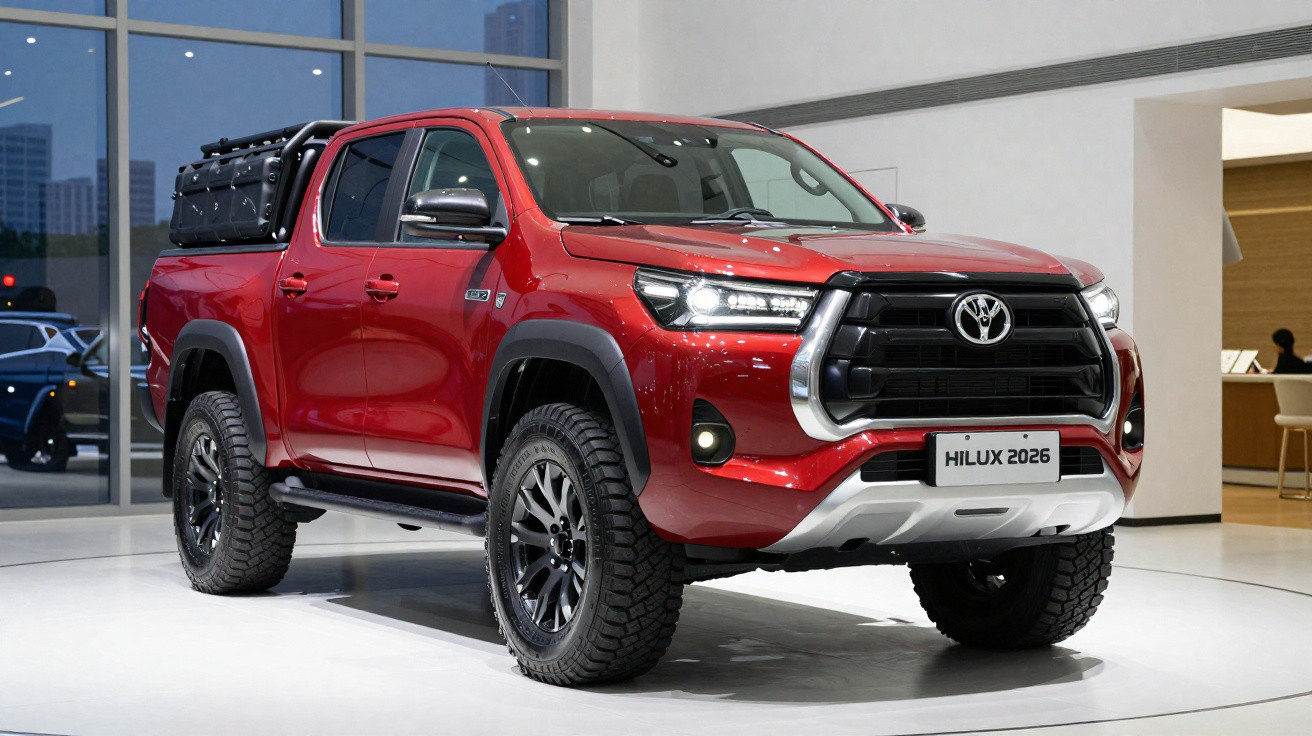 Roter Toyota Hilux 2026 Pickup mit schwarzem Grill und Offroad-Reifen in modernem Innenraum-Studio.