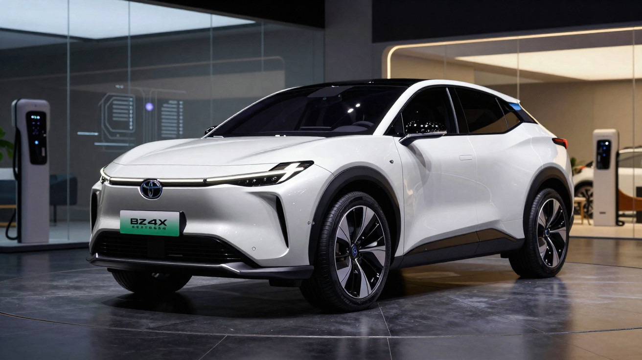 Weisses Toyota BZ4X Elektro-SUV in moderner Ausstellungshalle auf dunklem Boden stehend.
