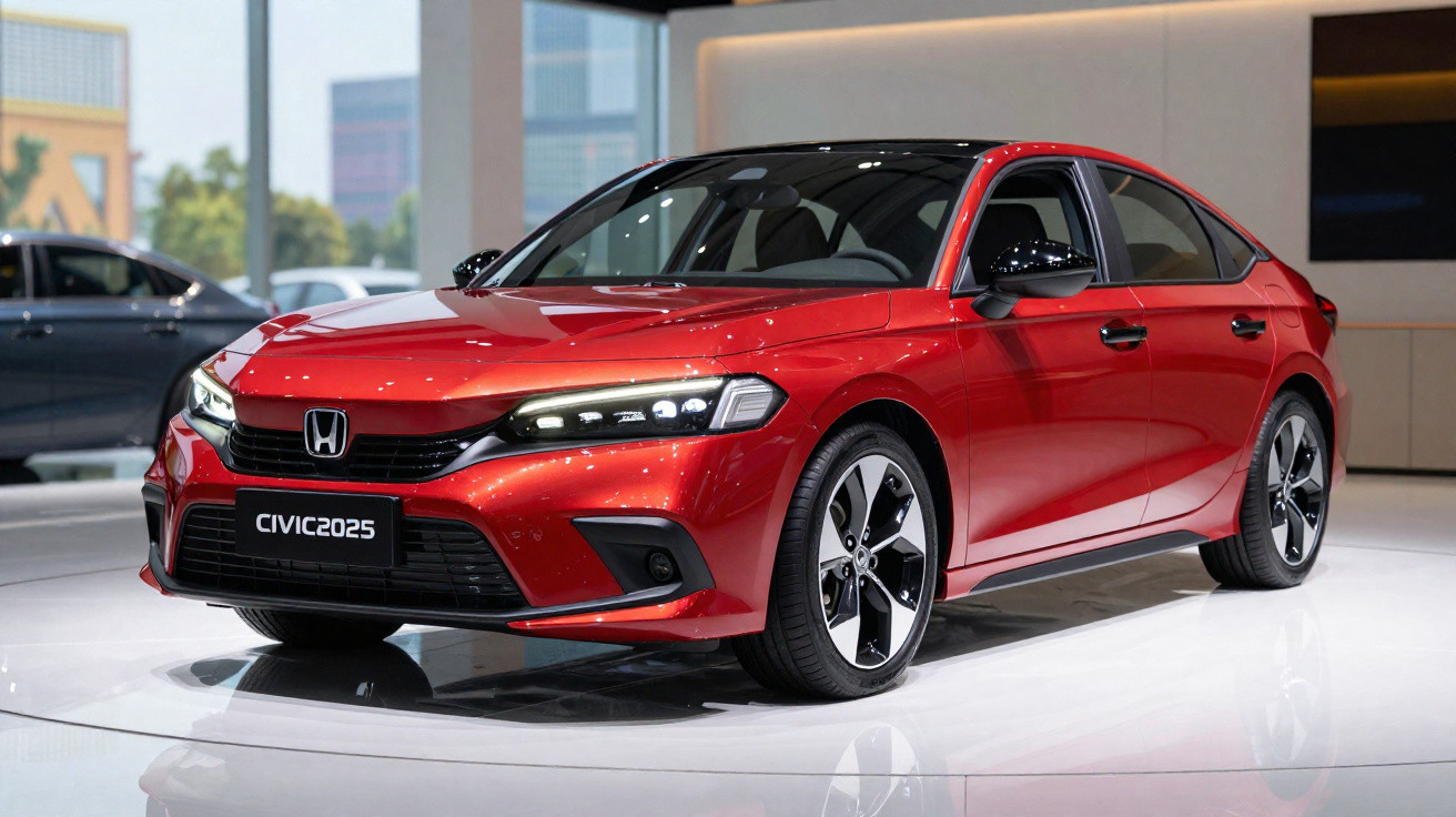 Roter Honda Civic 2025 im Ausstellungsraum mit moderner Front und glänzenden Felgen auf hellem Boden.