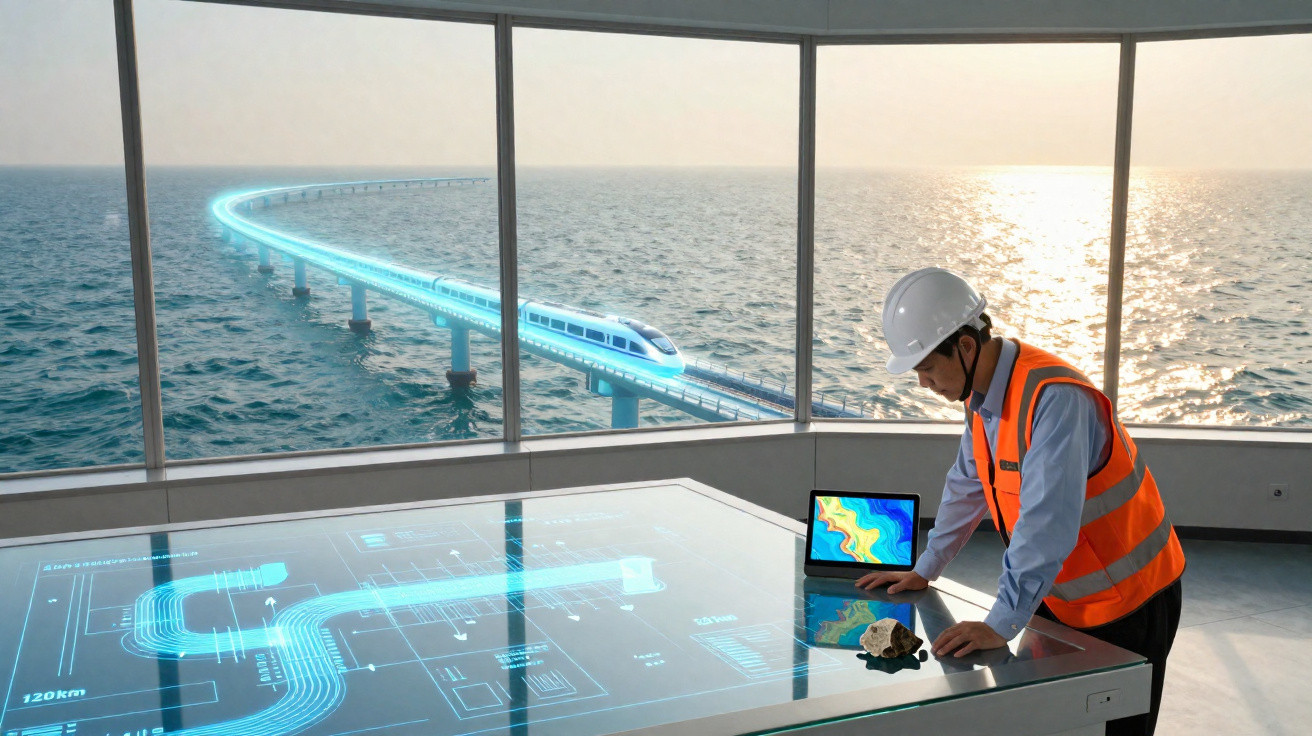 Ingenieur mit Schutzhelm und Weste plant futuristische Schnellbahn auf digitalem Display neben Meer und Zug im Hintergrund.