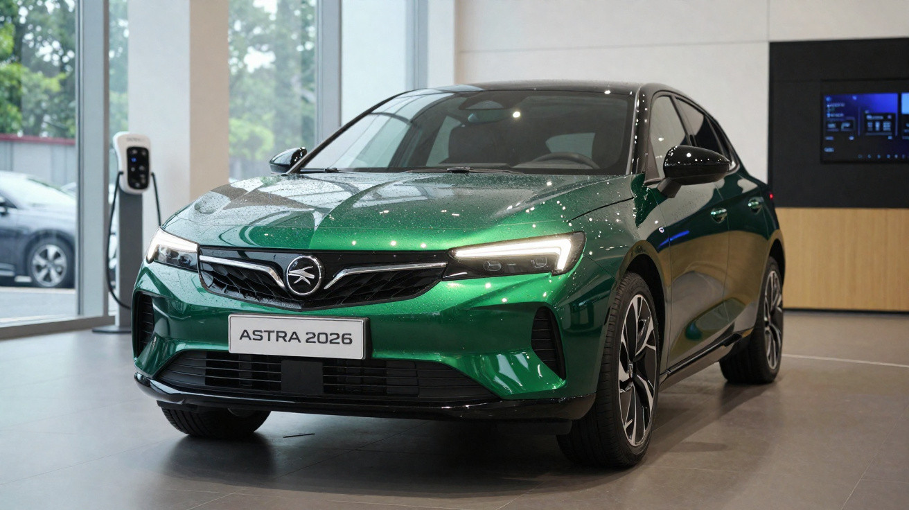 Grüner Opel Astra 2026, Elektroauto, präsentiert in modernem Showroom mit Ladestation im Hintergrund.