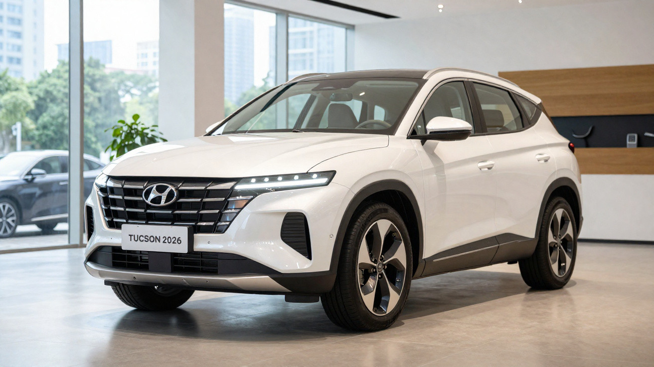 Weisser Hyundai Tucson 2026 SUV in modernem Showroom vor grossen Fenstern, frontal von links fotografiert.