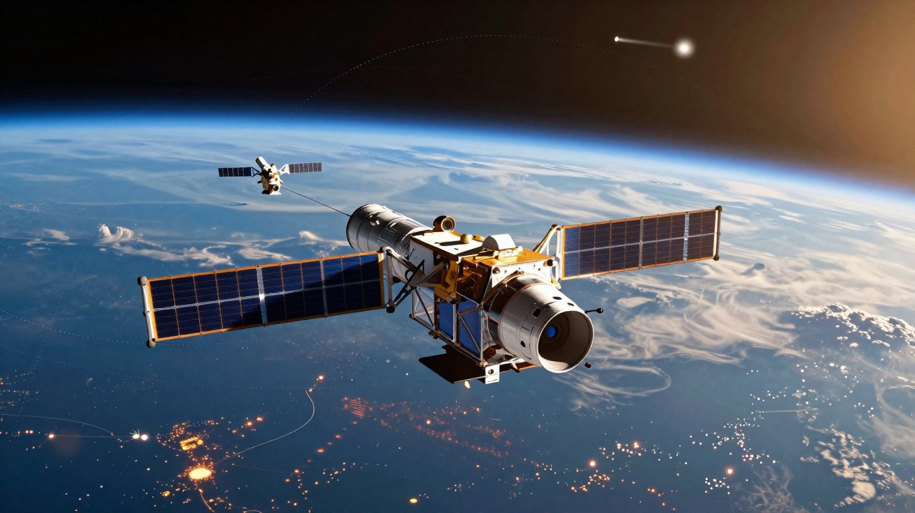 Zwei Satelliten mit Solarpanels im Erdorbit über einer bewölkten Nachtlandschaft, ein heller Meteor im Hintergrund.