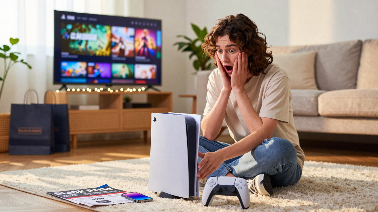 Junger Mann sitzt überrascht vor PlayStation 5 mit Controller im Wohnzimmer, Fernseher im Hintergrund.