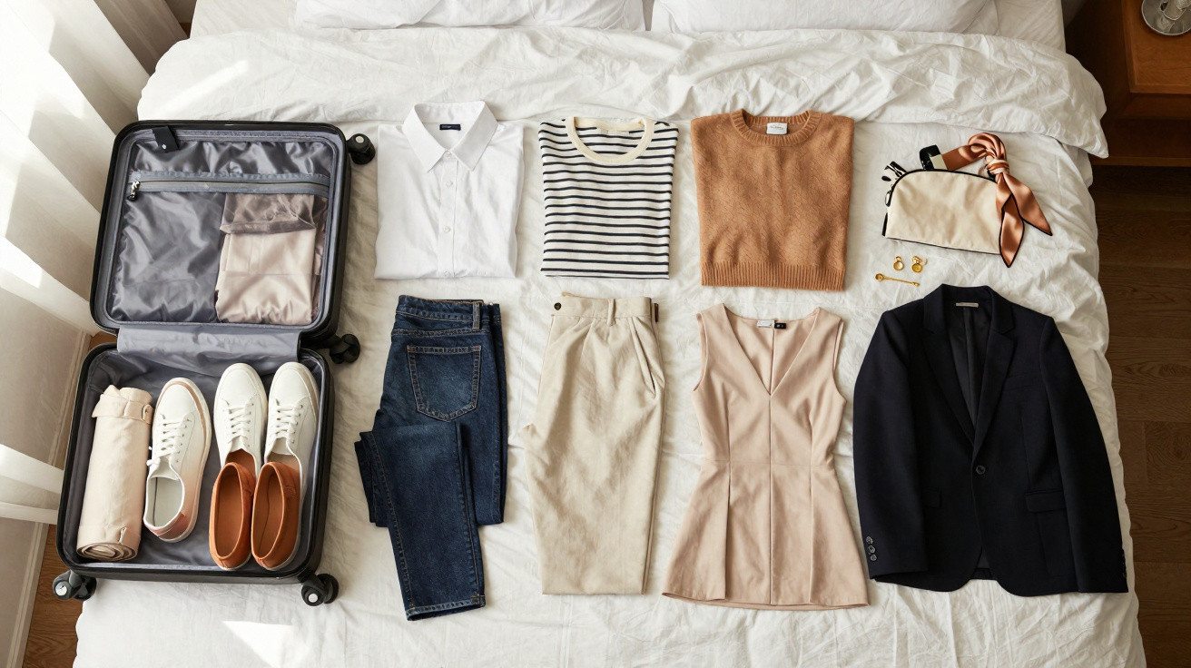 Offener Koffer mit Kleidung und Accessoires, darunter Schuhe, Jeans, Pullover und Blazer, auf einem weissen Bett.
