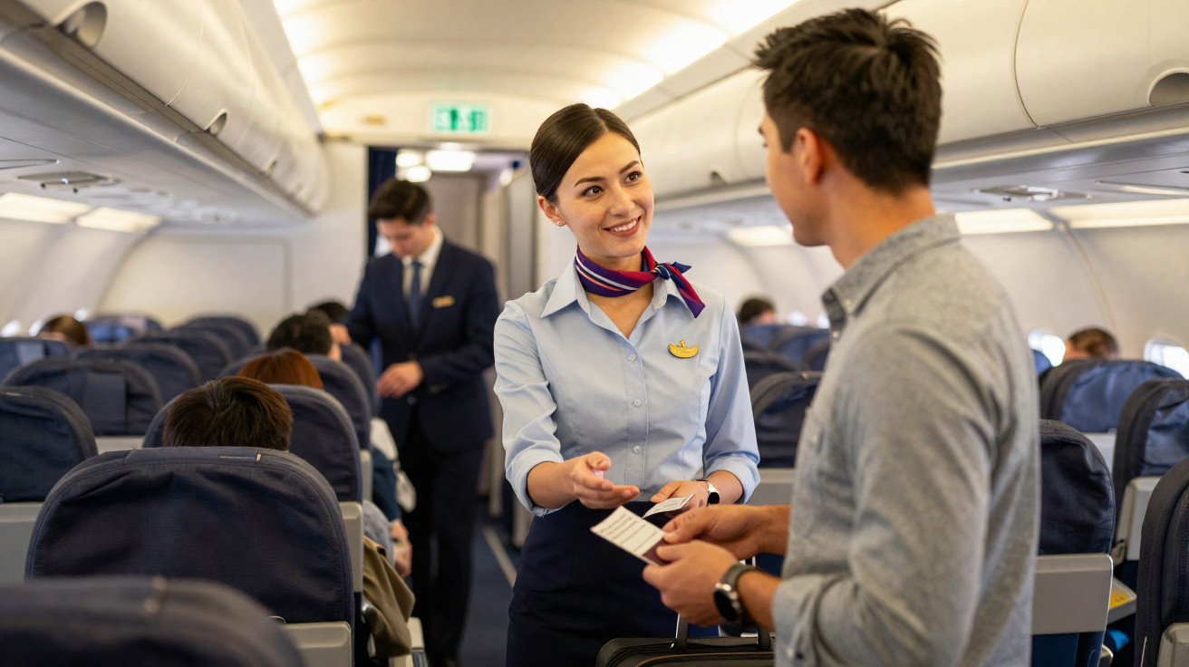 Flugbegleiterin kontrolliert das Ticket eines Passagiers im Flugzeug während des Einsteigens.