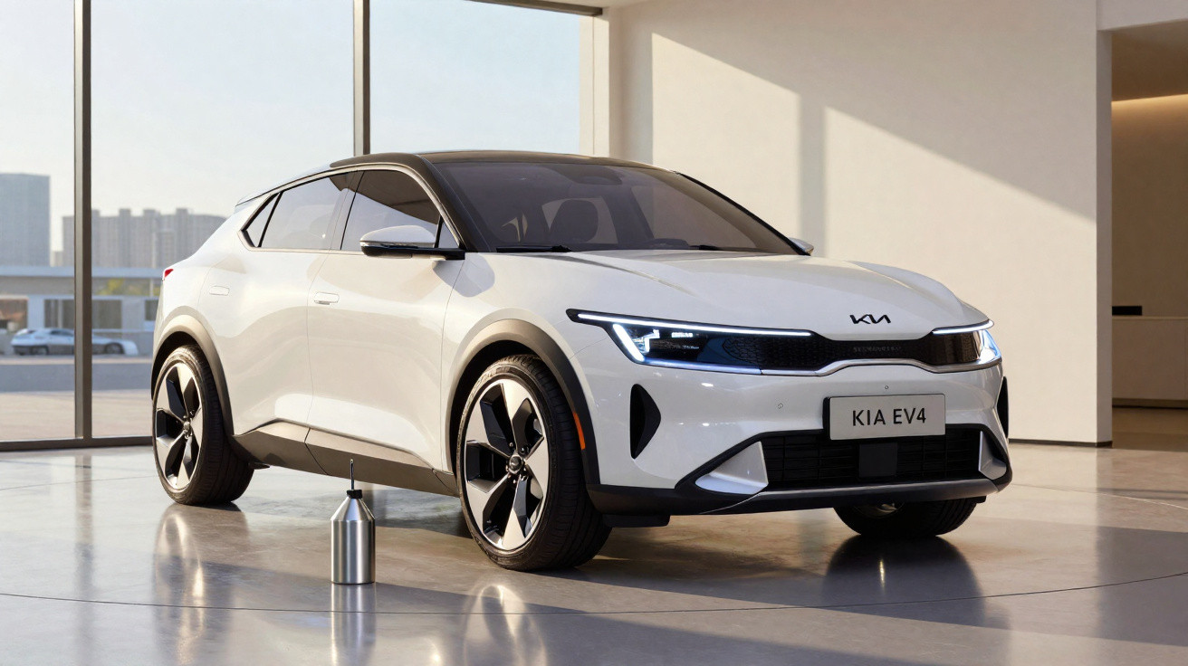 Weisser Kia EV4 Elektro-SUV in modernem Showroom mit grosser Glasfront bei Tageslicht.