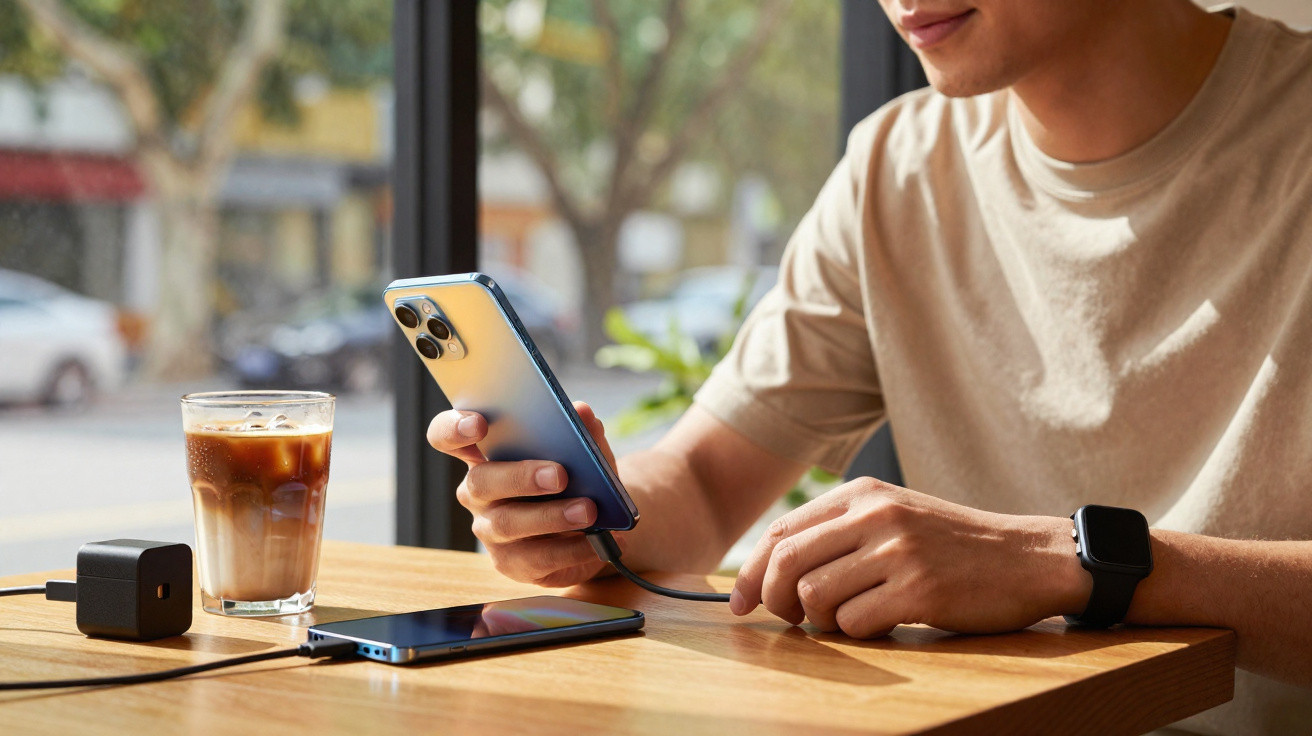 Mann sitzt im Café, hält Handy in der Hand und lädt es mit Kabel auf, daneben Eiskaffee auf dem Tisch.