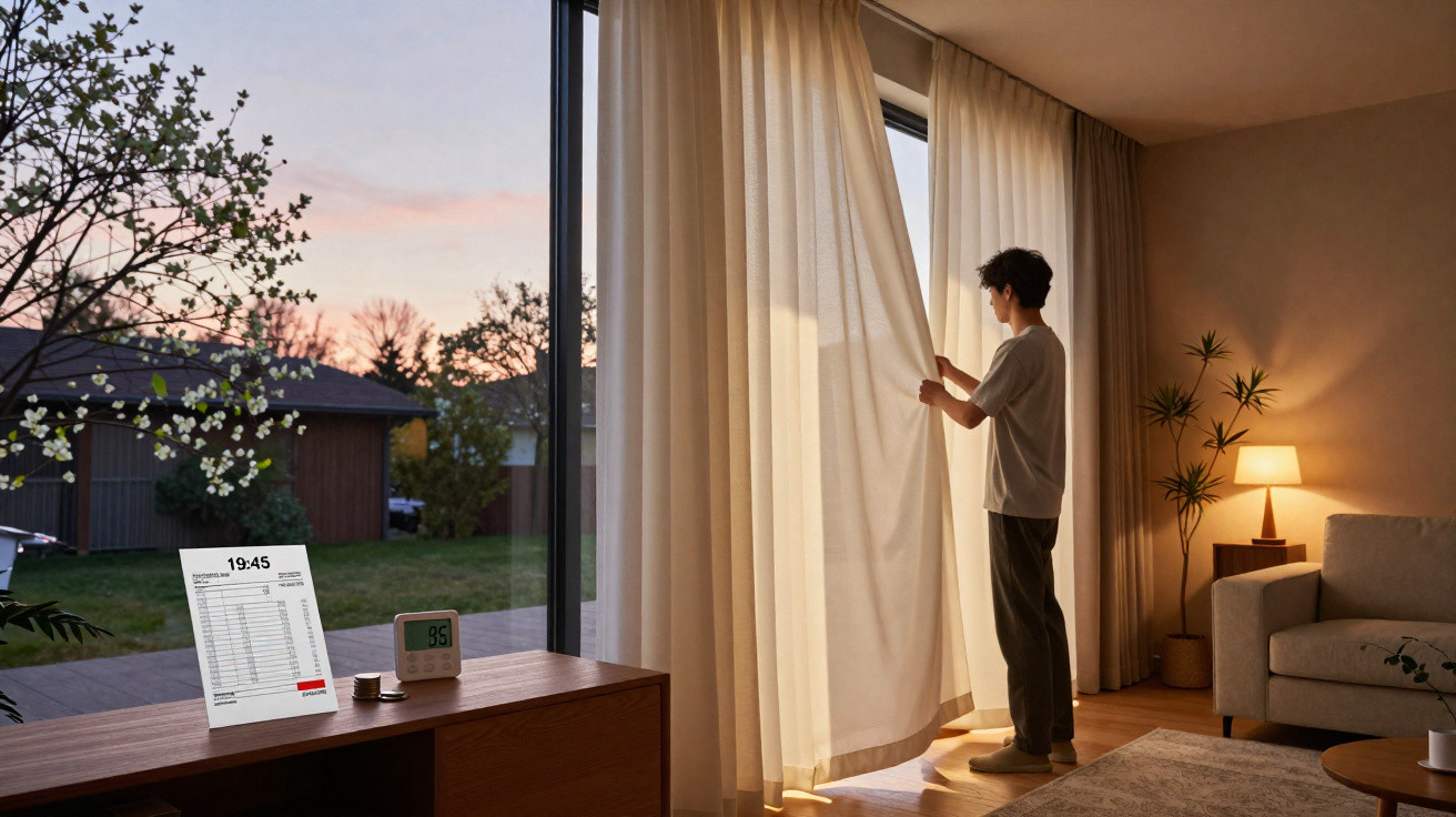 Person öffnet Vorhang im Wohnzimmer während Sonnenuntergang, digitaler Wecker und Dokument auf Sideboard sichtbar.