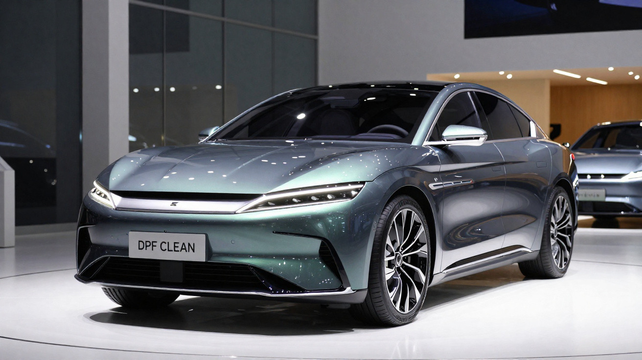 Modernes, glänzendes Elektroauto in dunklem Türkis, präsentiert in einem hellen Showroom.