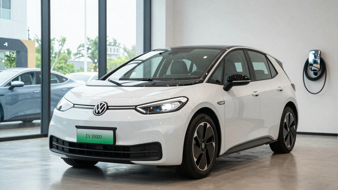 Weisser elektrischer VW ID.3 steht in einem Showroom neben einer Ladestation.