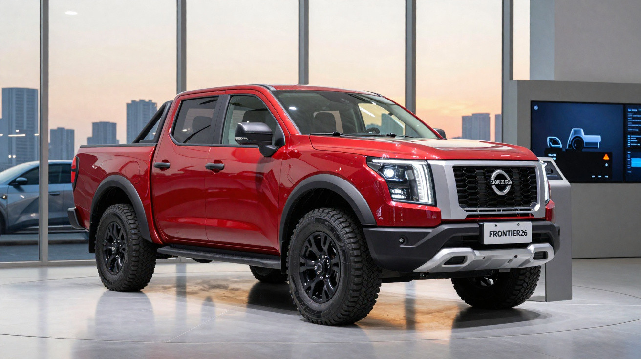 Roter Nissan Frontier Pickup Truck in modernem Ausstellungsraum mit grossen Fenstern und Stadtblick.
