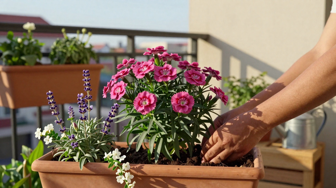 Person pflanzt rosa und violette Blumen in einem Blumentopf auf einem Balkon bei Sonnenschein.