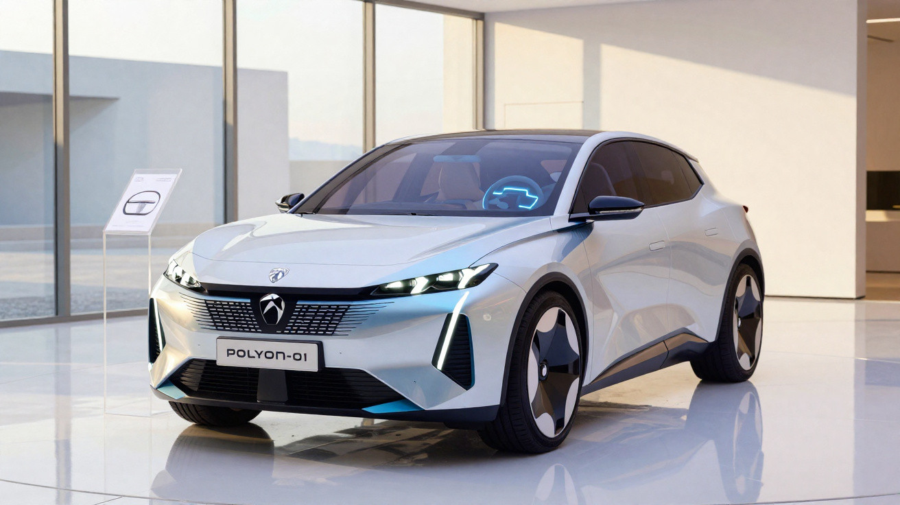 Weisser Polyon-01 Elektroauto-Prototyp in modernem, hellem Ausstellungsraum mit Glasfront.