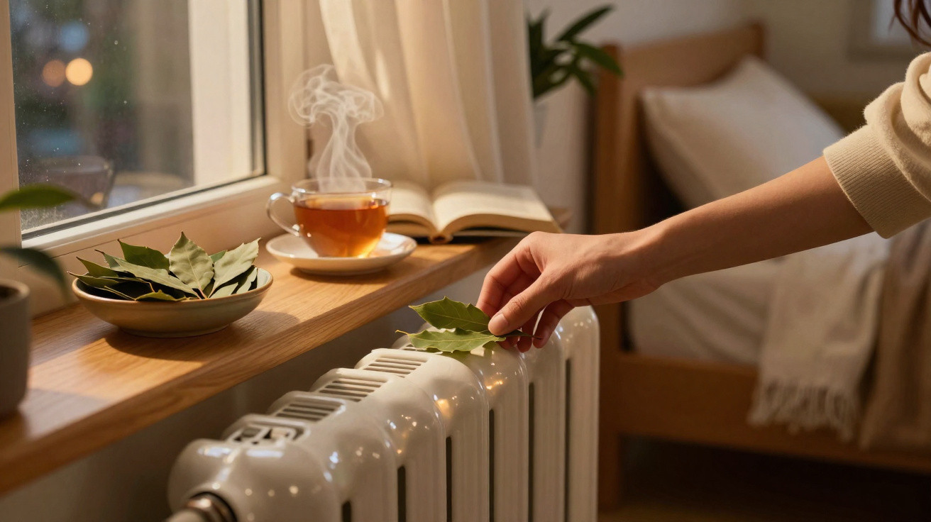 Hand legt Lorbeerblätter auf Heizung, dampfende Teetasse und offenes Buch auf Fensterbrett im Wohnzimmer.