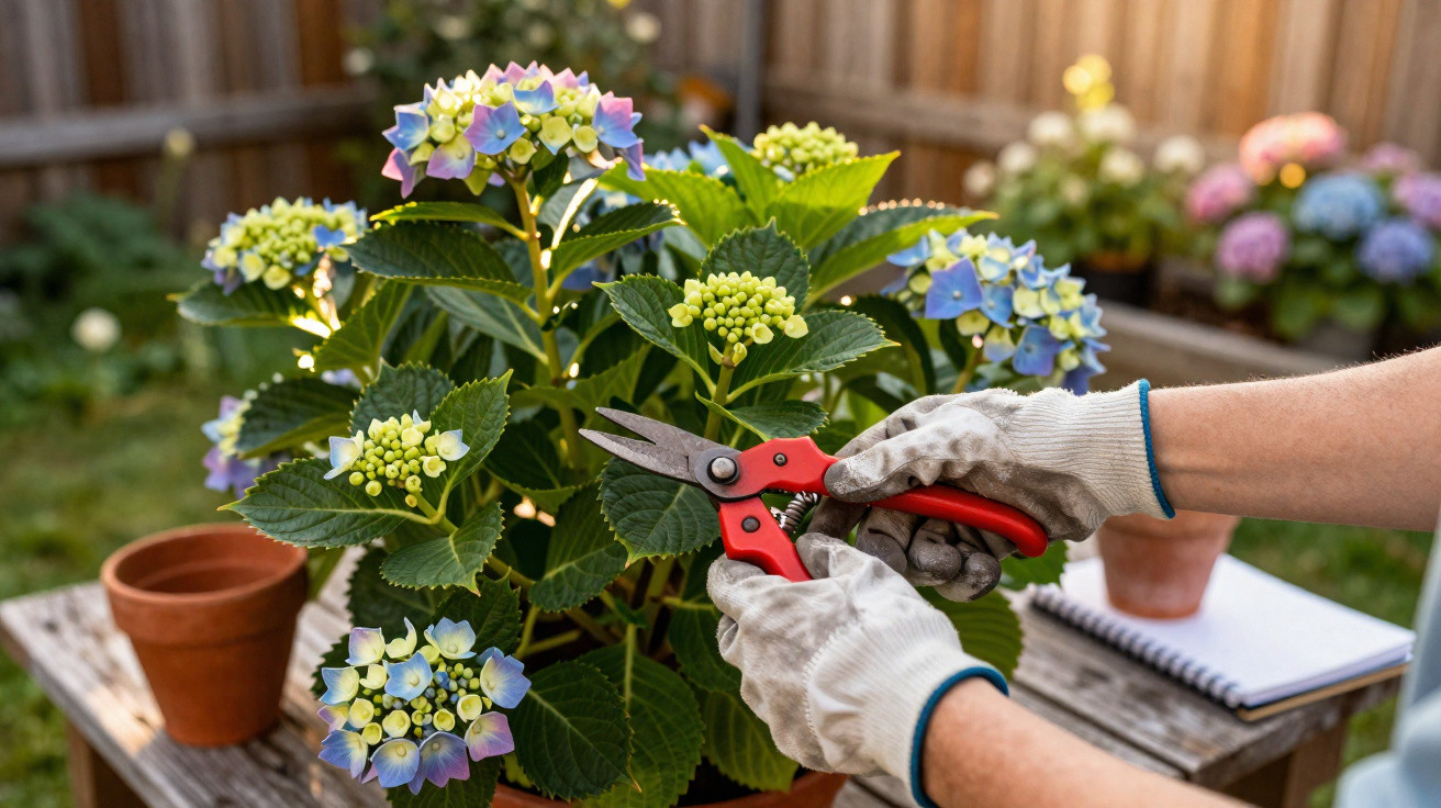 Hände mit Gartenschere schneiden Blätter an blau-lila Hortensien in Amphore im Garten.