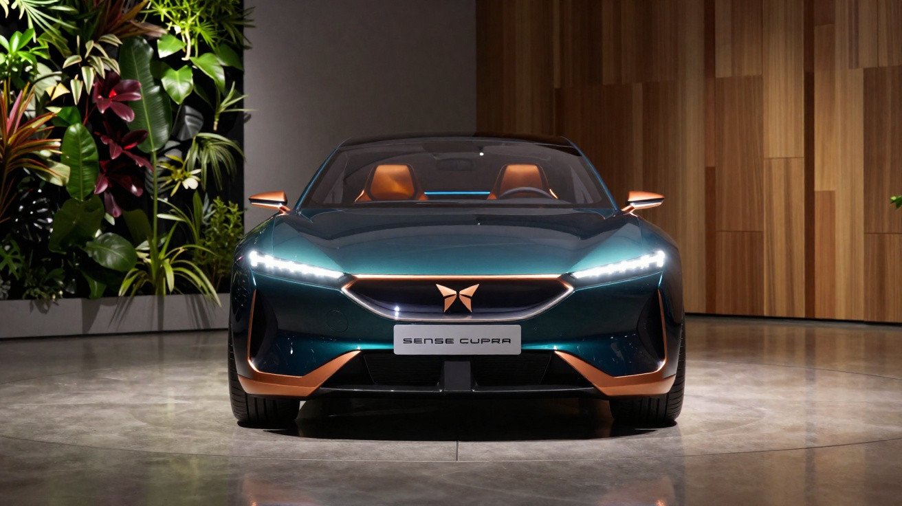 Frontalansicht eines modernen grünen Sense Cupra Sportwagens mit LED-Scheinwerfern in einem Innenraum mit Pflanzen und Holzwa