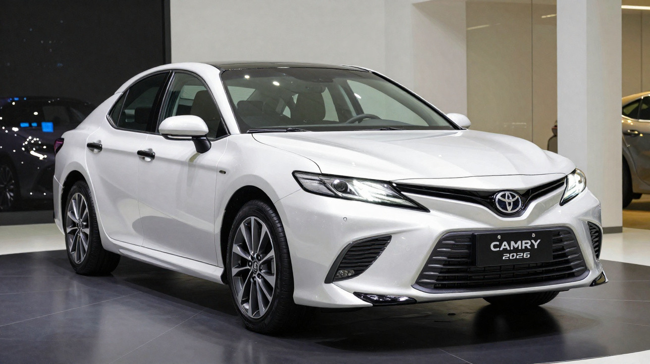 Weisser Toyota Camry 2026 Limousine in einem modernen Showroom, frontal leicht seitlich aufgenommen.