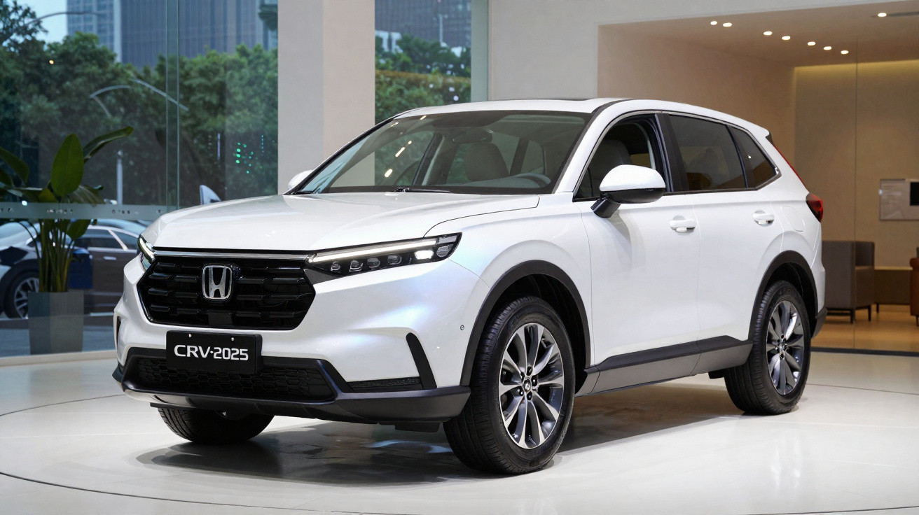 Weisser Honda CRV 2025 SUV in Ausstellung, moderner, eleganter Innenraum mit Stadtblick im Hintergrund.