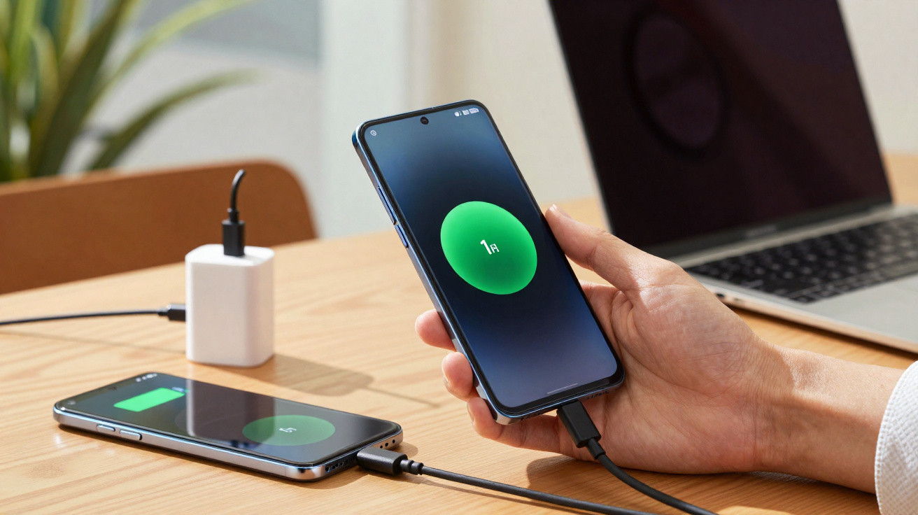 Hand hält Smartphone mit Batterieladeanzeige, weiteres geladenes Handy und Laptop auf Holztisch sichtbar.