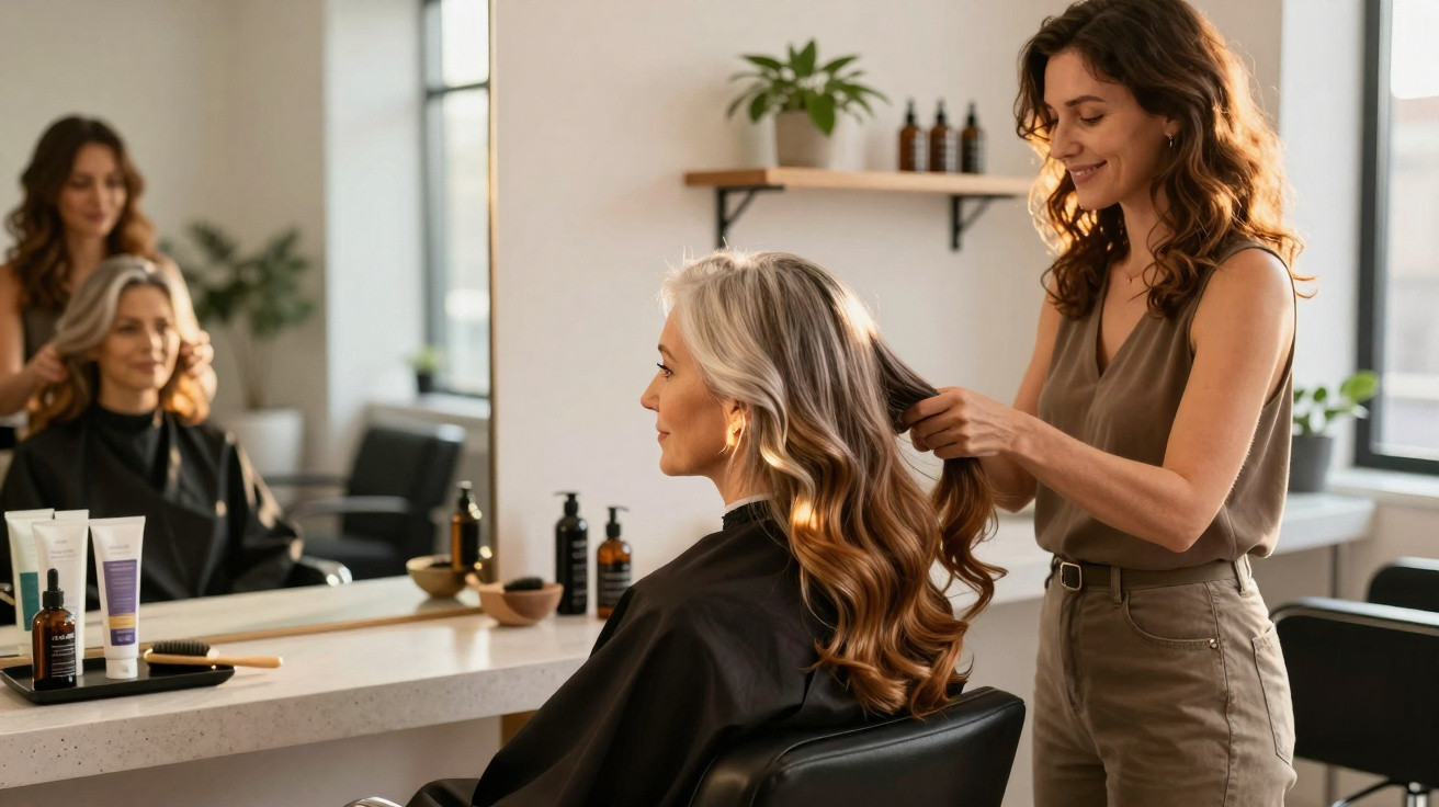 Friseurin stylt lange, gewellte Haare einer Kundin im hellen Friseursalon mit Spiegel und Pflegeprodukten.