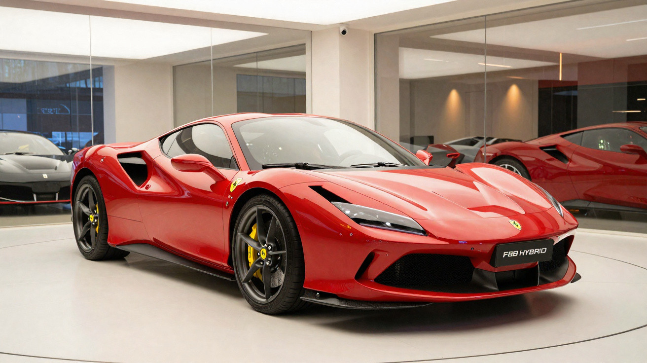 Roter Ferrari F8 Hybrid Sportwagen in moderner Ausstellung mit Spiegelwand im Hintergrund.