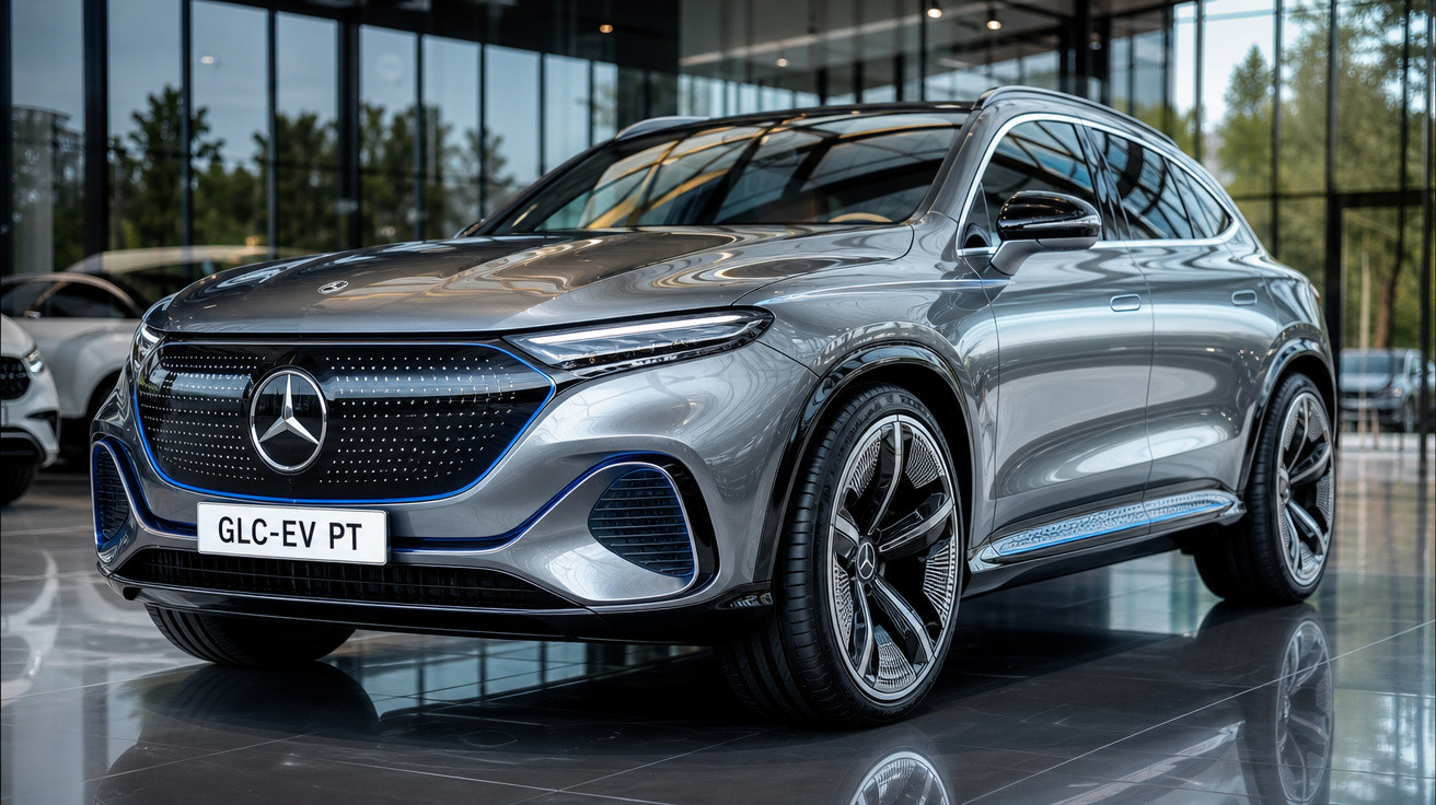 Silberner Mercedes-Benz GLC-EV SUV in modernem Showroom mit Glasfronten, seitliche Frontansicht.